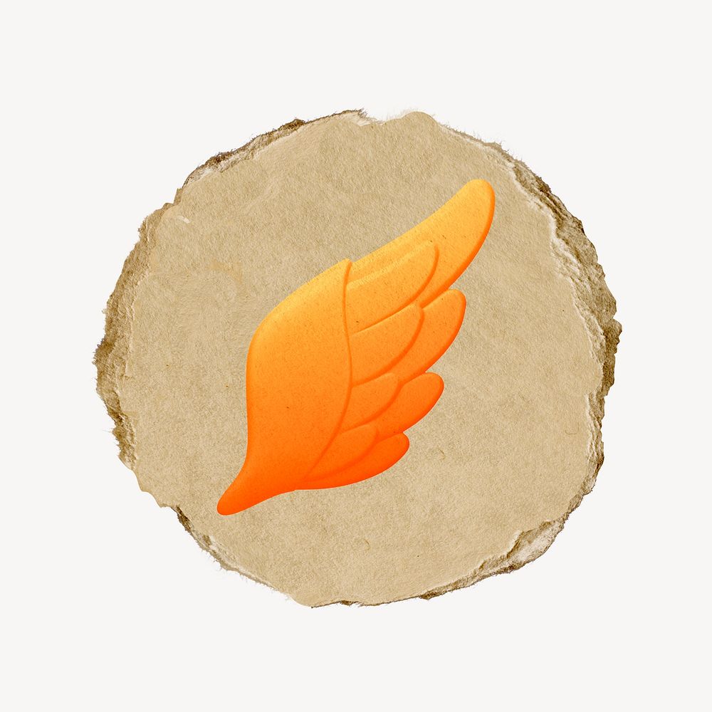 Orange angel wing icon, ripped paper badge