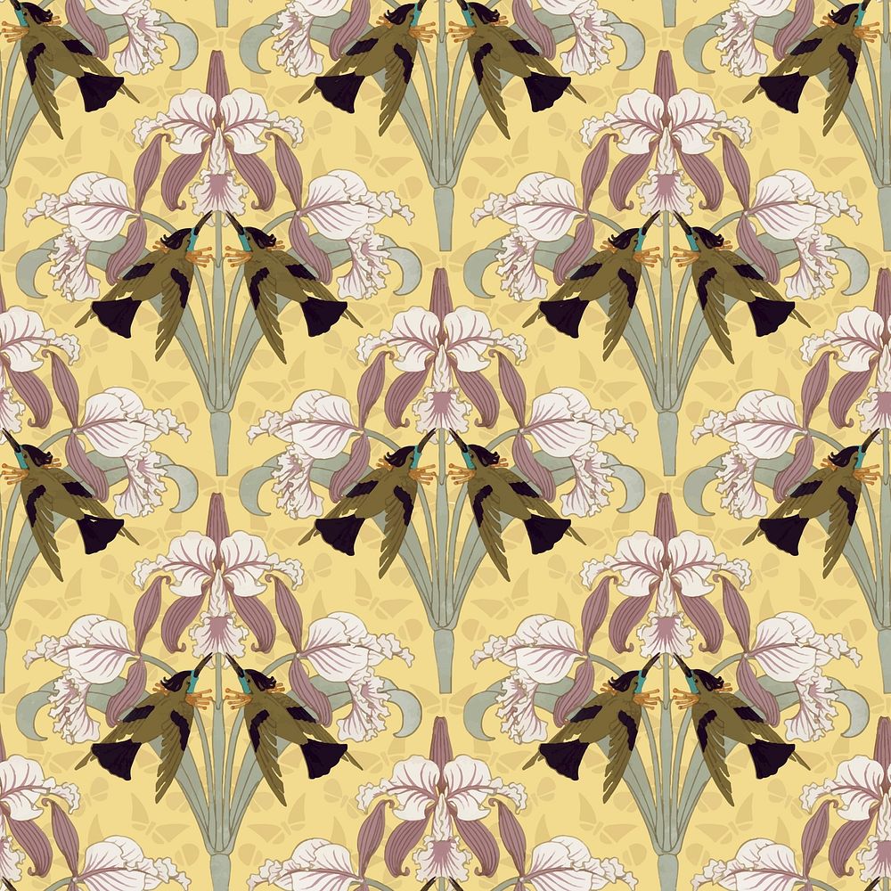 Bird, flower pattern background, vintage nature, Maurice Pillard Verneuil artwork remixed by rawpixel vector