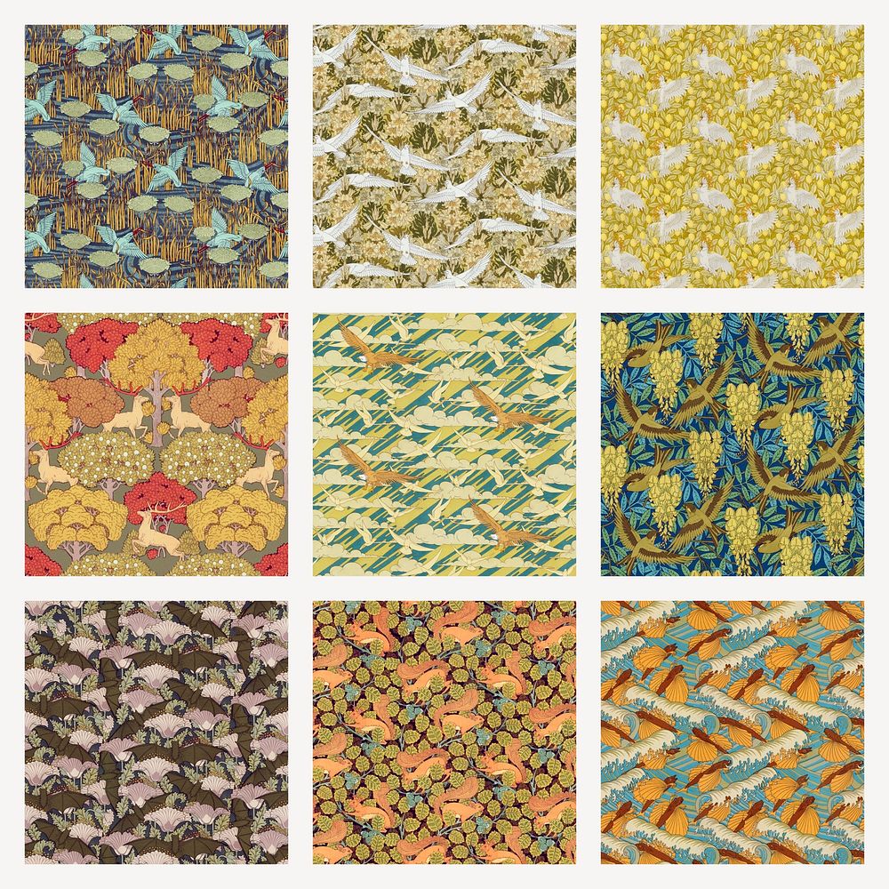 Maurice's animal pattern backgrounds set, vintage famous artwork remixed by rawpixel psd
