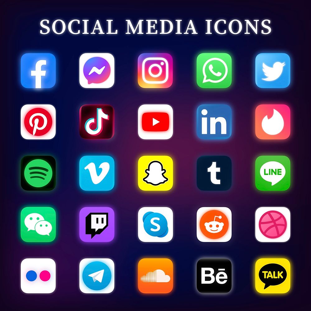 Popular social media icons vector set in neon with Facebook, Instagram, Twitter, TikTok, YouTube etc. 13 MAY 2022 - BANGKOK…