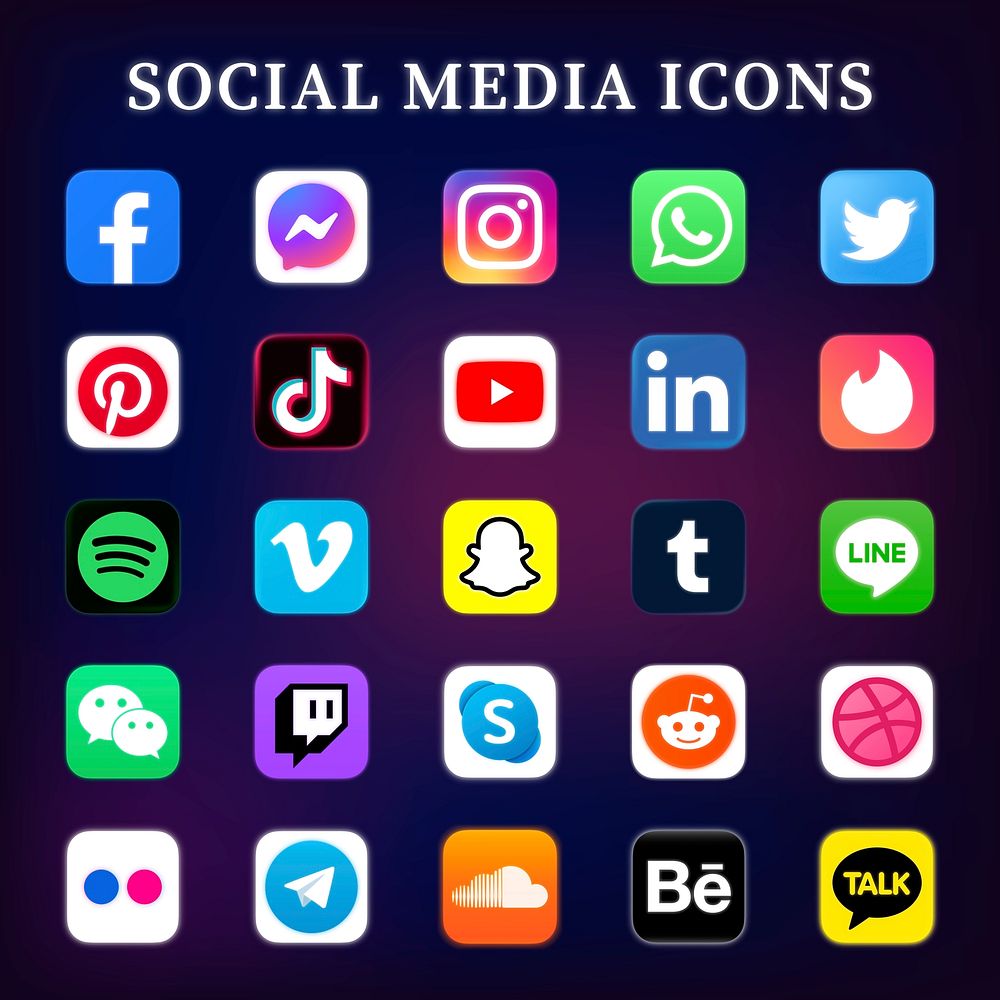 Popular social media icons psd set in neon with Facebook, Instagram, Twitter, TikTok, YouTube etc. 13 MAY 2022 - BANGKOK…
