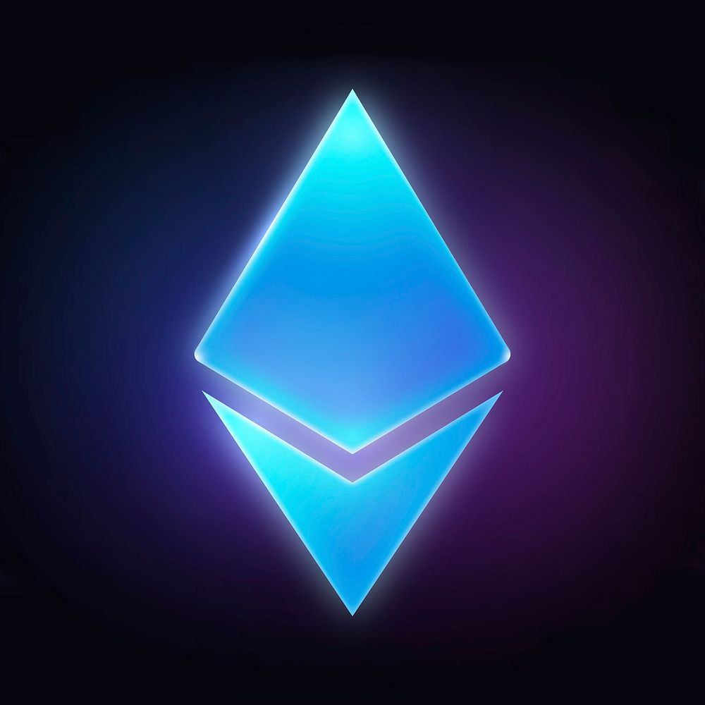 Ethereum cryptocurrency icon, neon glow design psd