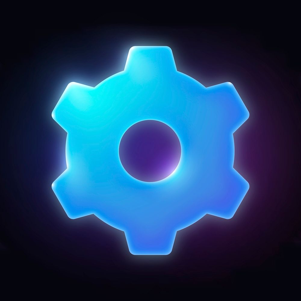 Cog, settings icon, neon glow design psd