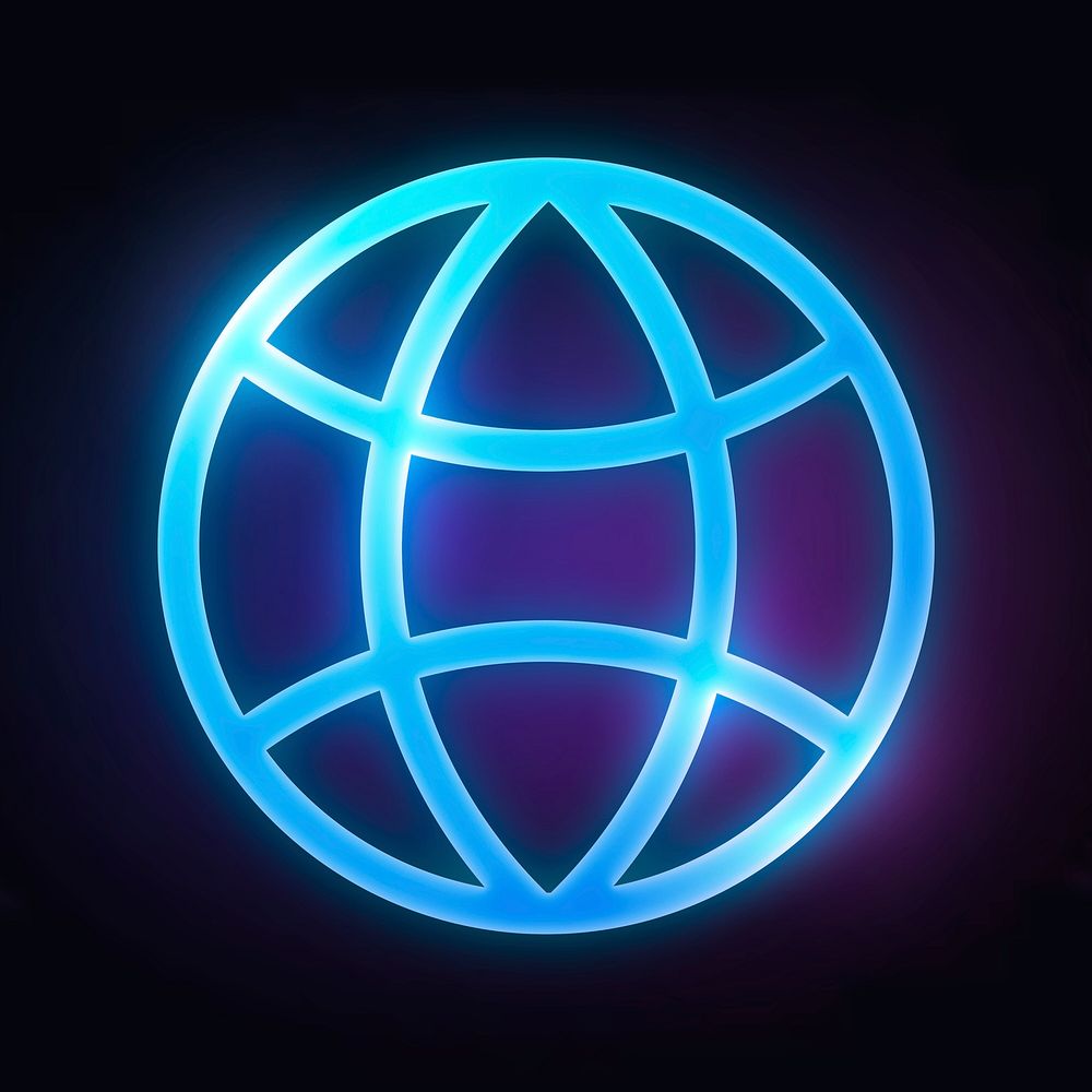 Globe grid icon, neon glow design psd