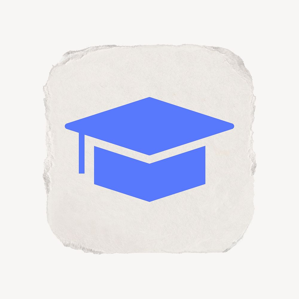 Graduation cap, education icon, ripped paper design psd