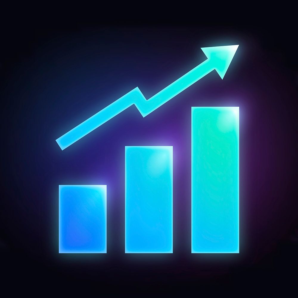 Growing bar charts icon, neon glow design vector