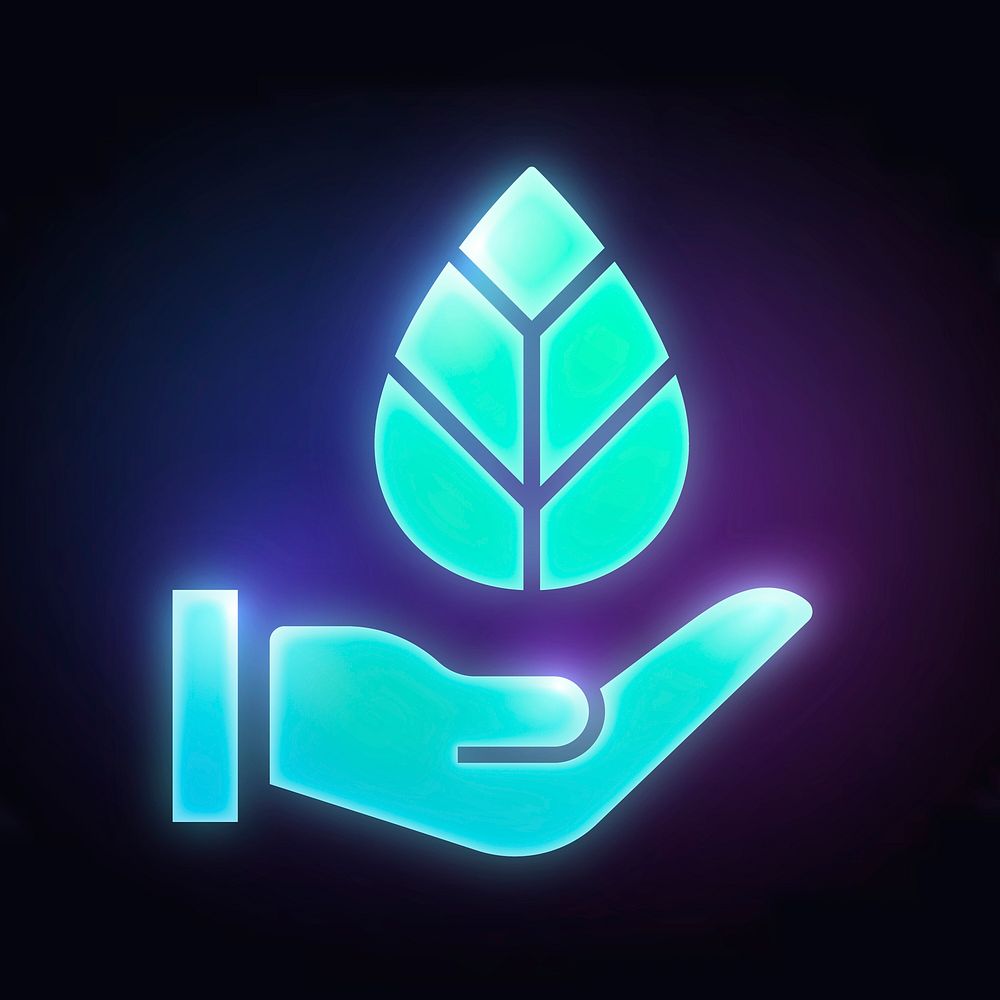 Hand presenting leaf icon, neon glow design vector