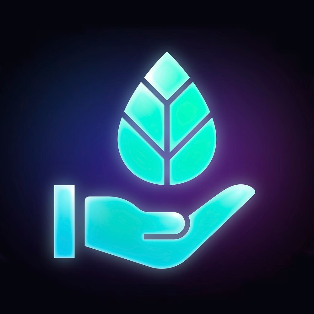 Hand presenting leaf icon, neon glow design  psd