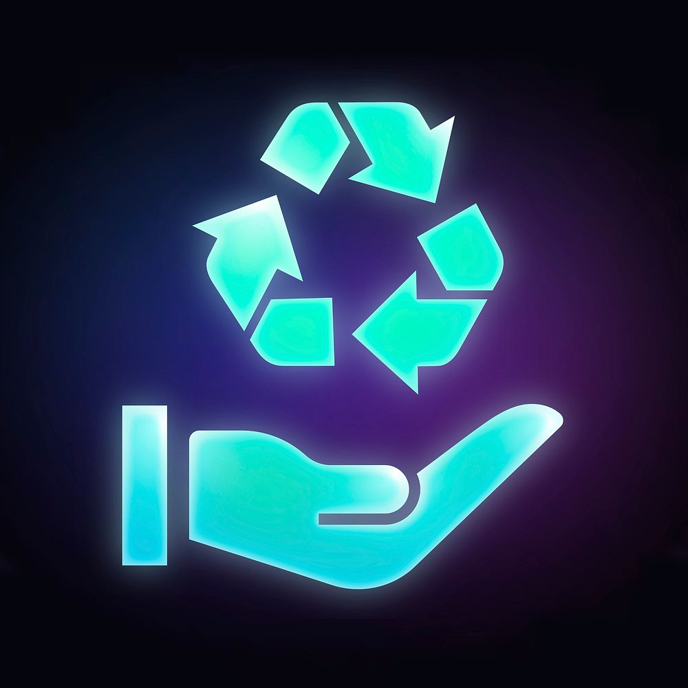 Recycle hand icon, neon glow design  psd