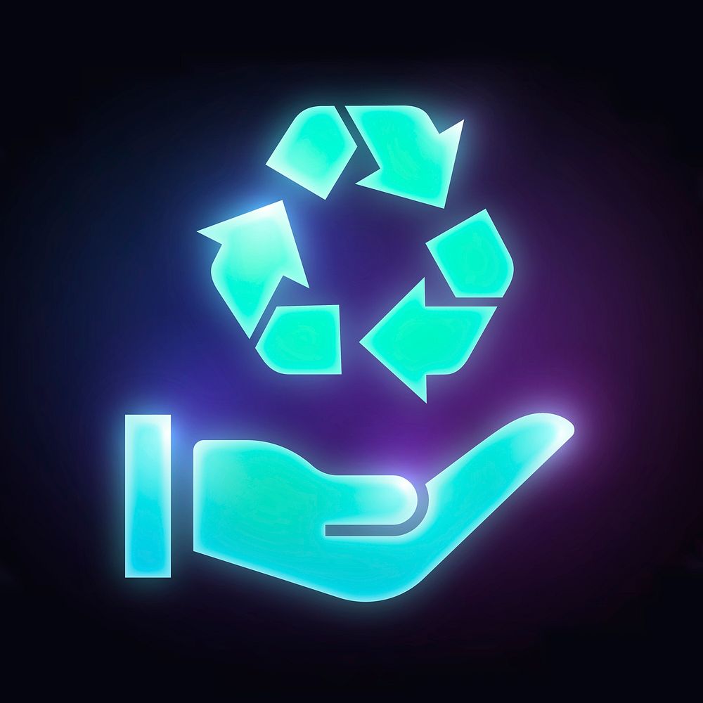 Recycle hand icon, neon glow design vector