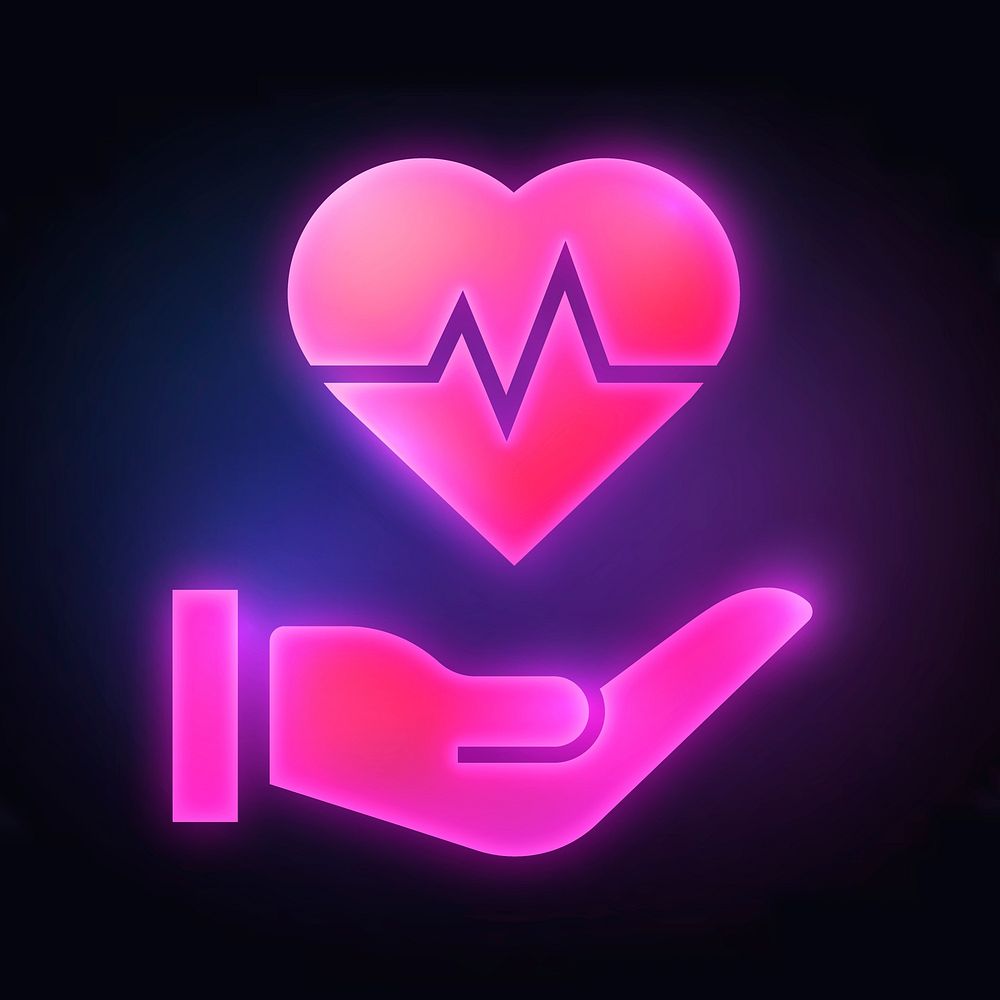 Heartbeat hand icon, neon glow design