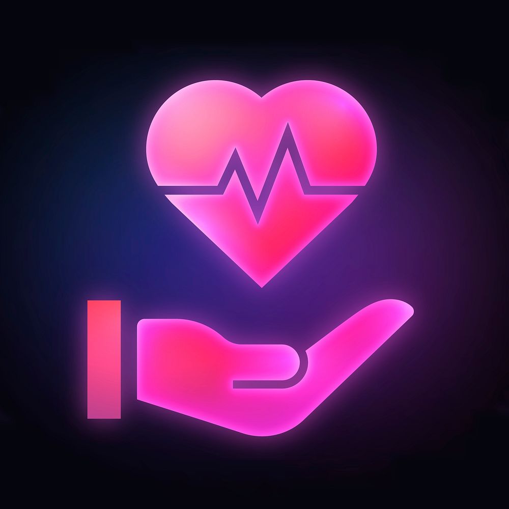 Heartbeat hand icon, neon glow design  psd