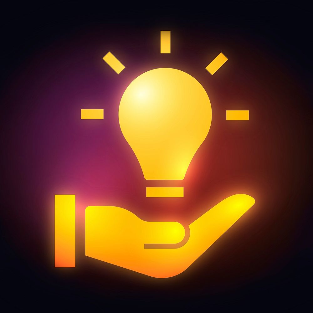 Light bulb hand icon, neon glow design vector