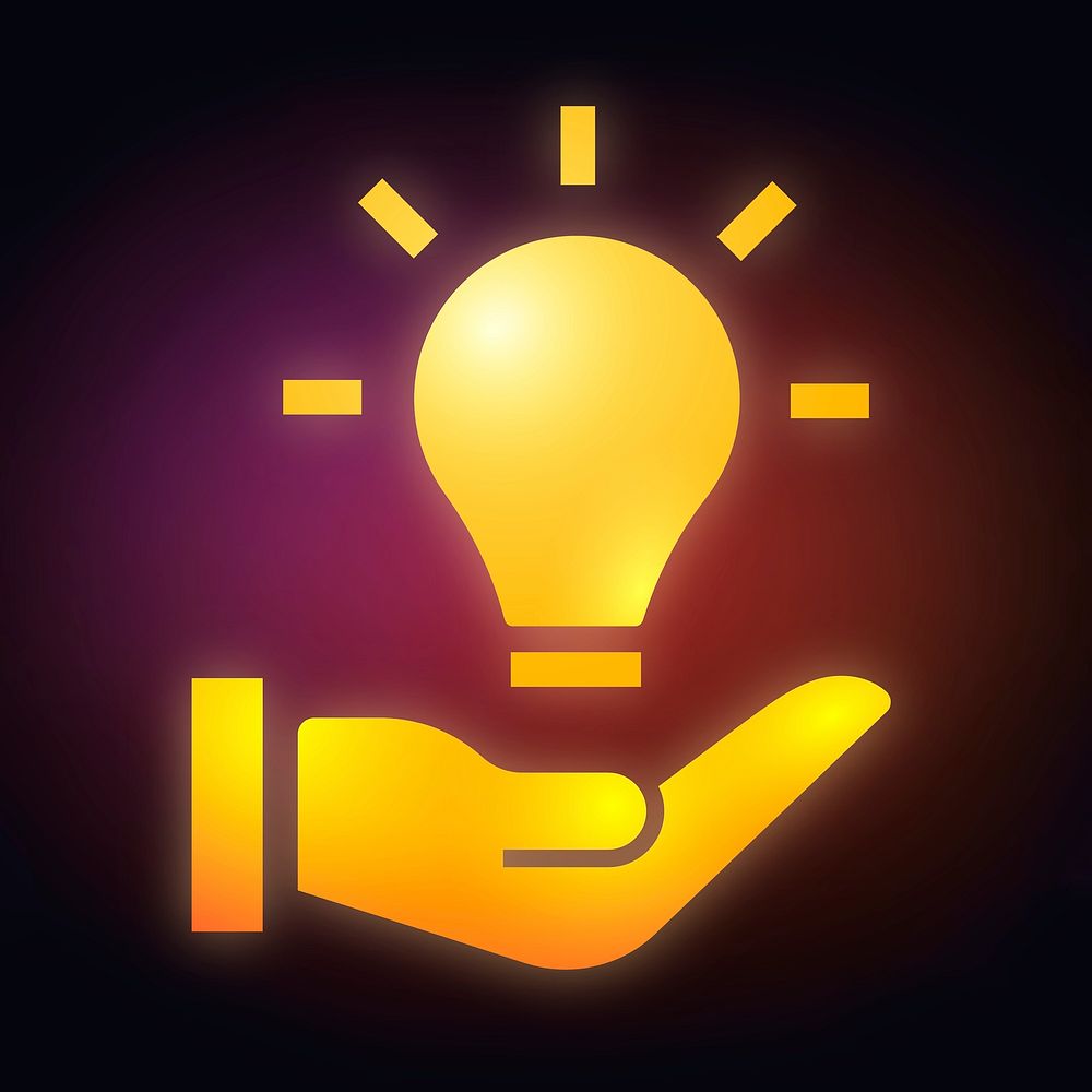 Light bulb hand icon, neon glow design  psd