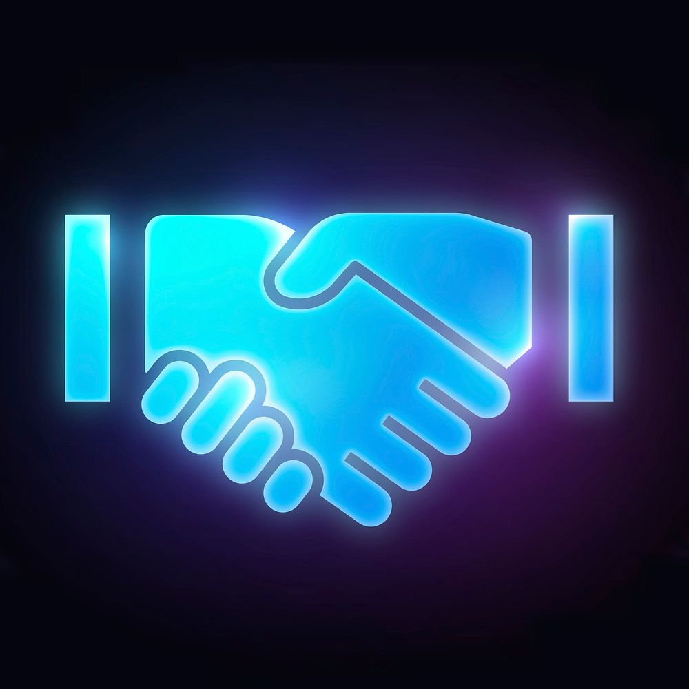 Business handshake icon, neon glow design vector