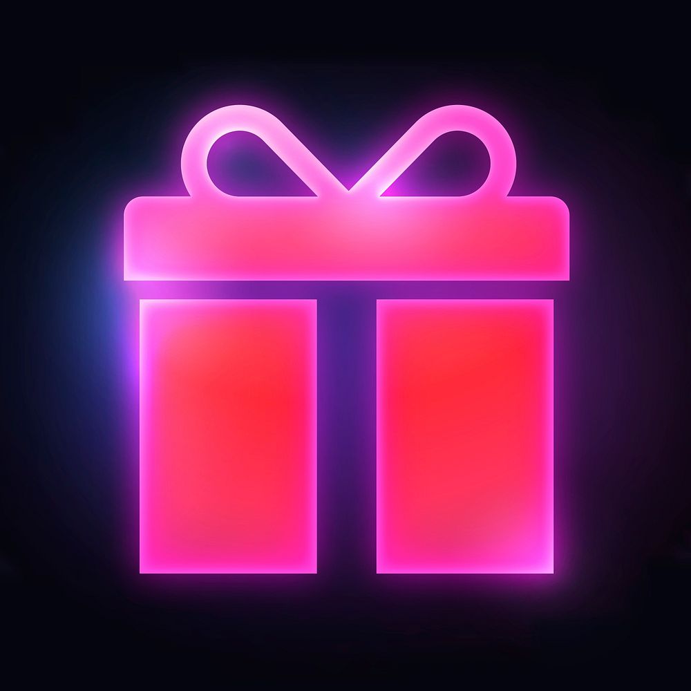 Gift box, reward icon, neon glow design vector