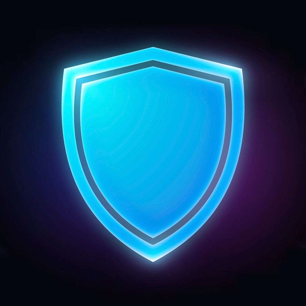Shield, protection icon, neon glow design vector