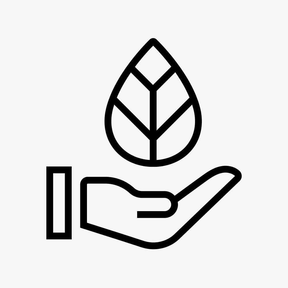 Hand presenting leaf icon, line art illustration vector