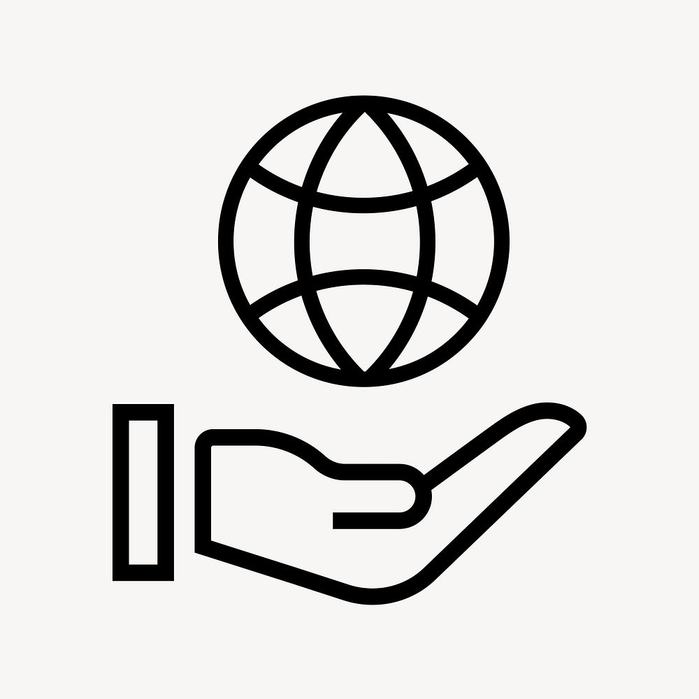 Hand presenting globe icon, line art illustration vector