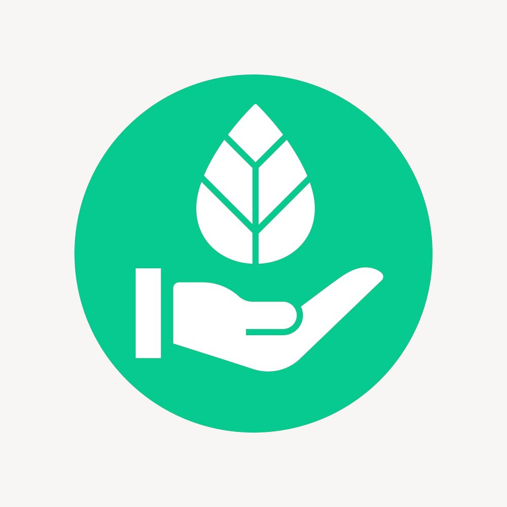 Hand presenting leaf icon badge, flat circle design  psd