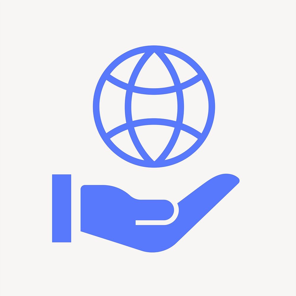 Hand presenting globe icon, blue flat design vector