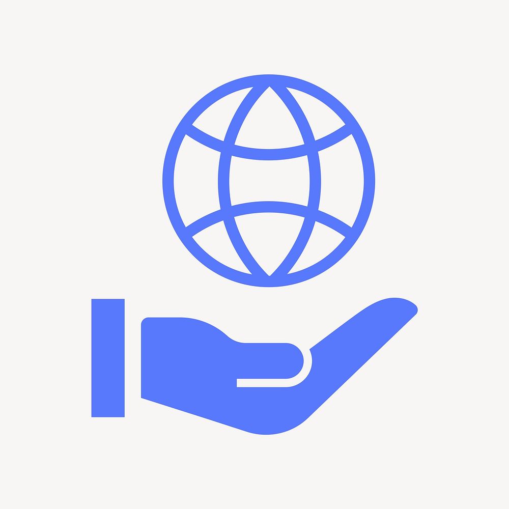 Hand presenting globe icon, blue flat design  psd