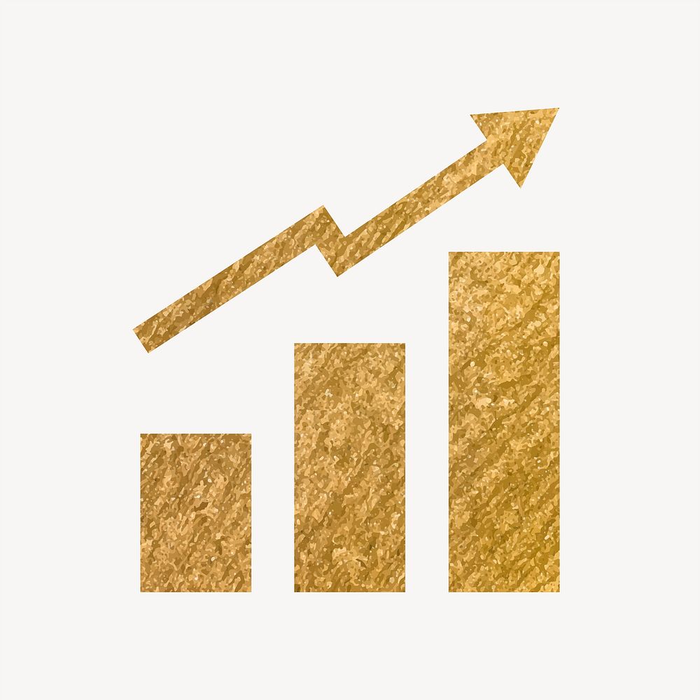 Growing bar charts gold icon, glittery design vector