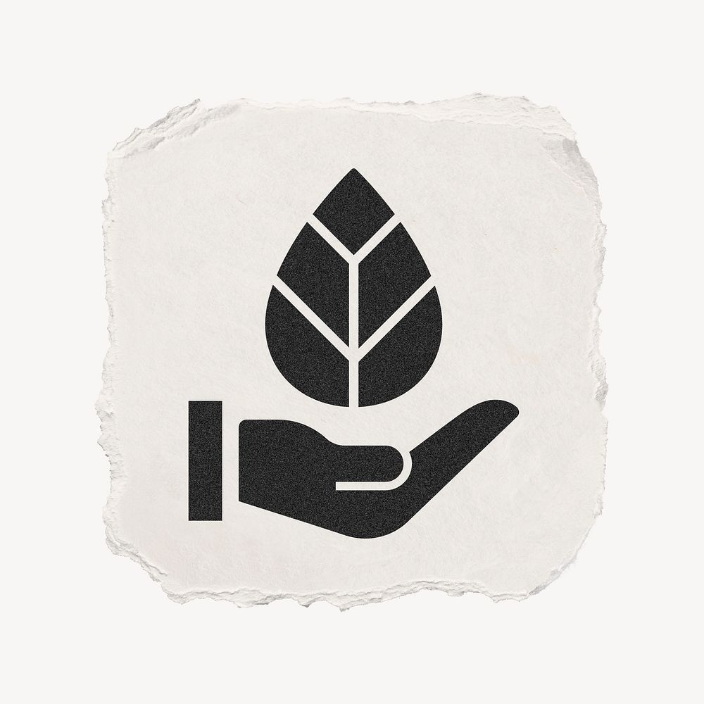 Hand presenting leaf icon, ripped paper design  psd