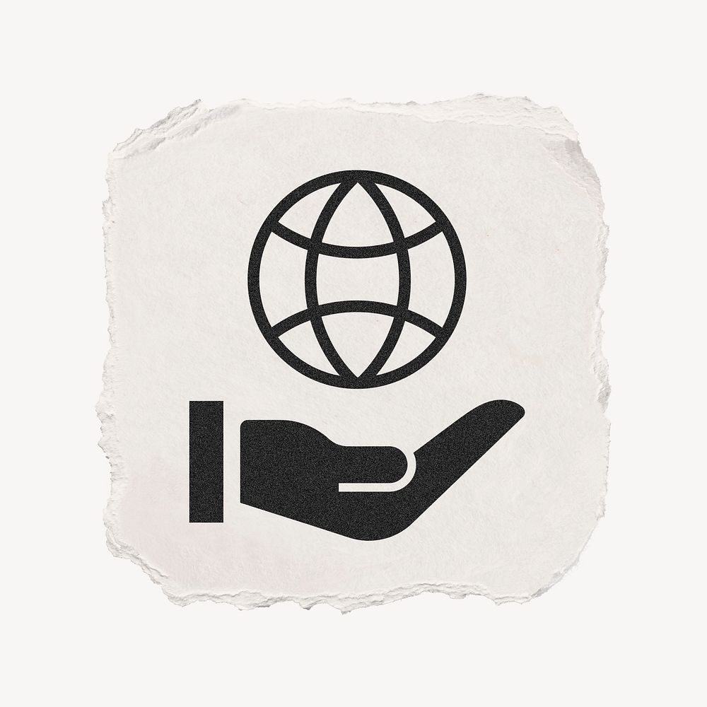 Hand presenting globe icon, ripped paper design