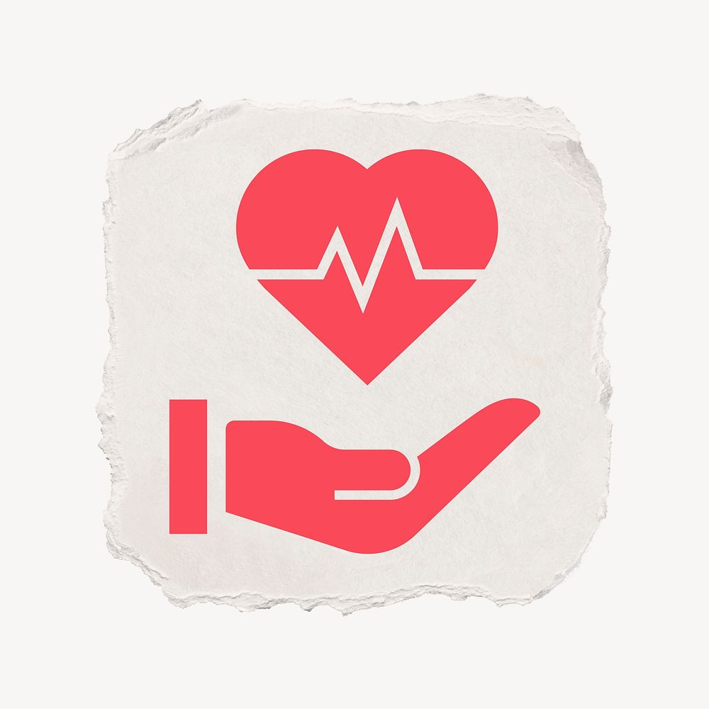Heartbeat hand icon, ripped paper design
