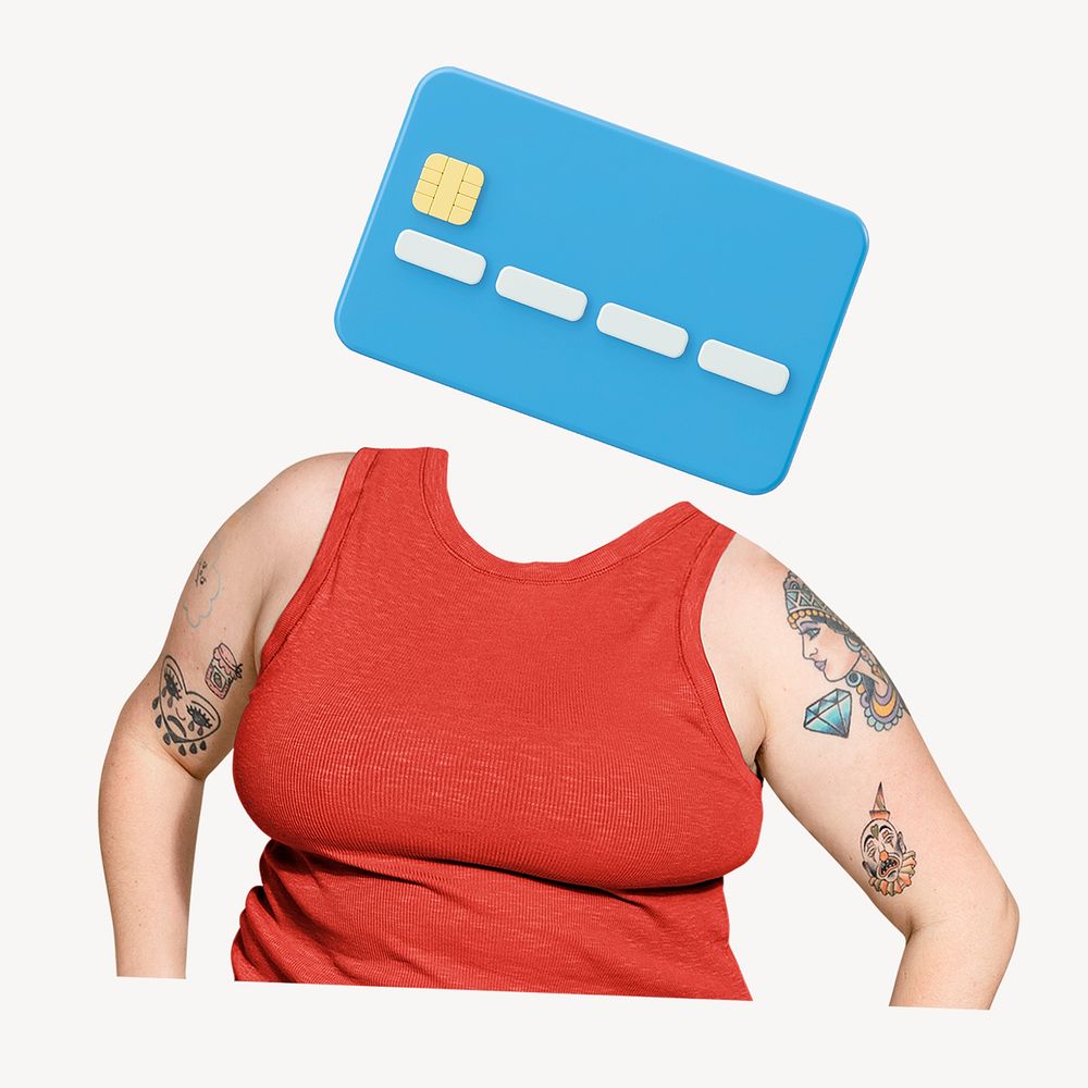 Credit card head woman, shopping remixed media image psd