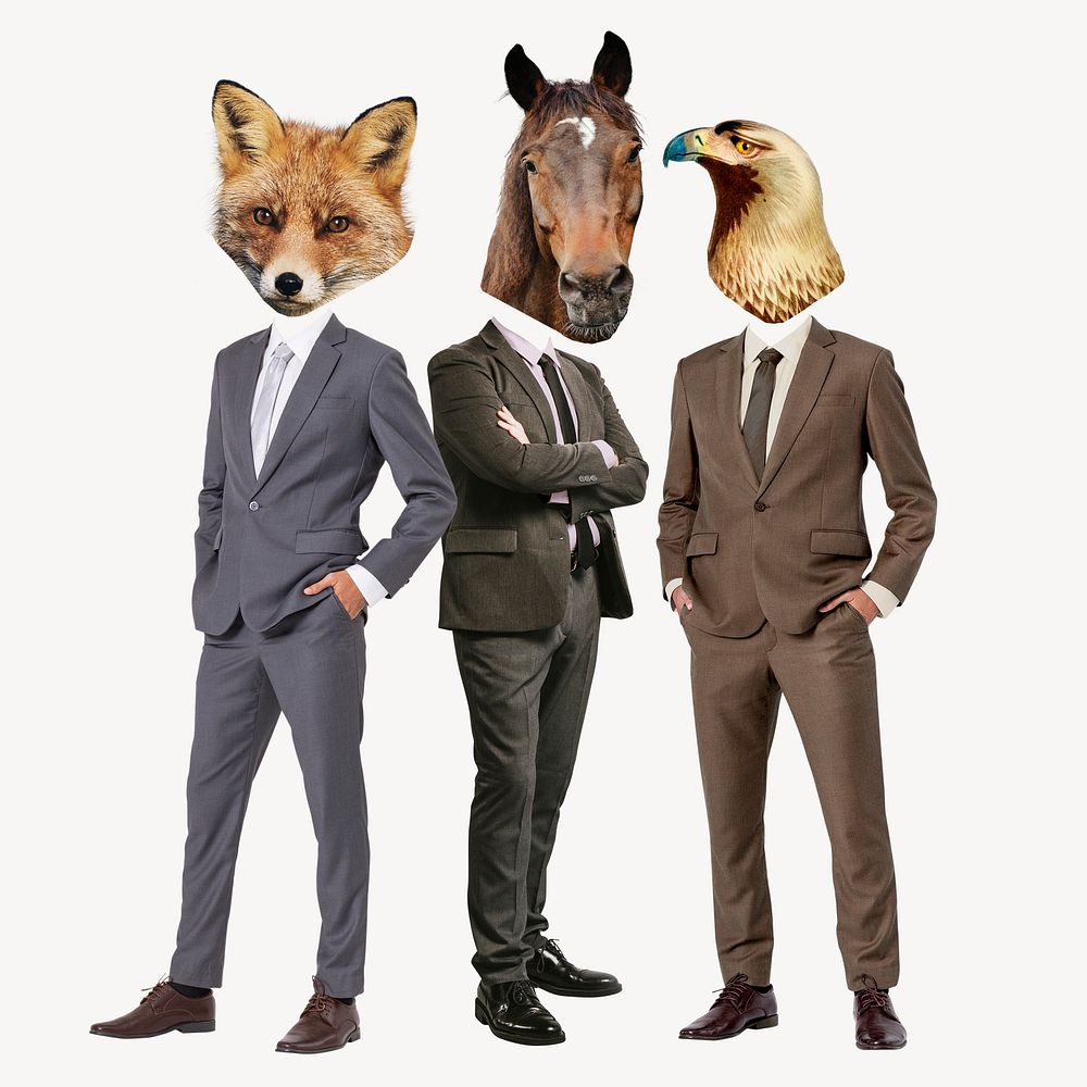 Businessmen animal head, surreal remixed media psd