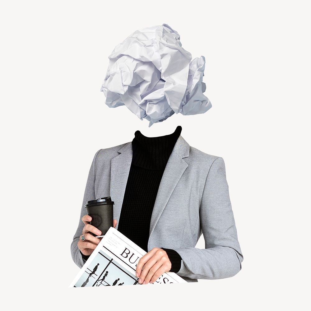 Crumpled paper head businesswoman, journalism, writer's block remixed media psd