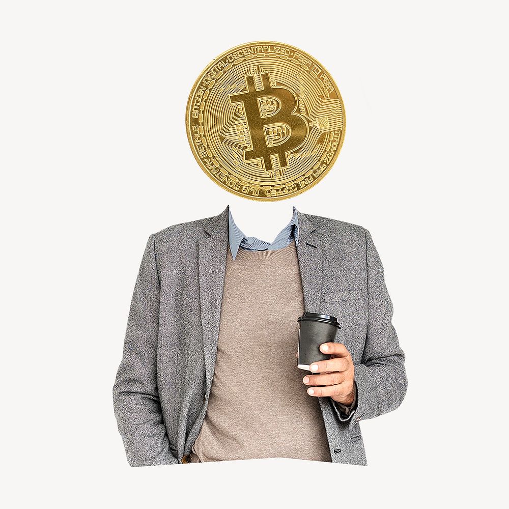 Bitcoin head businessman, finance remixed media psd