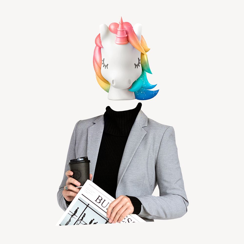 Unicorn head businesswoman, startup business remixed media psd