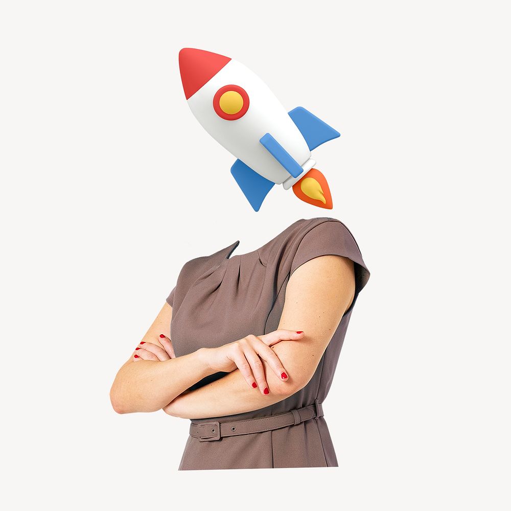 Rocket head businesswoman, startup, business launch remixed media psd