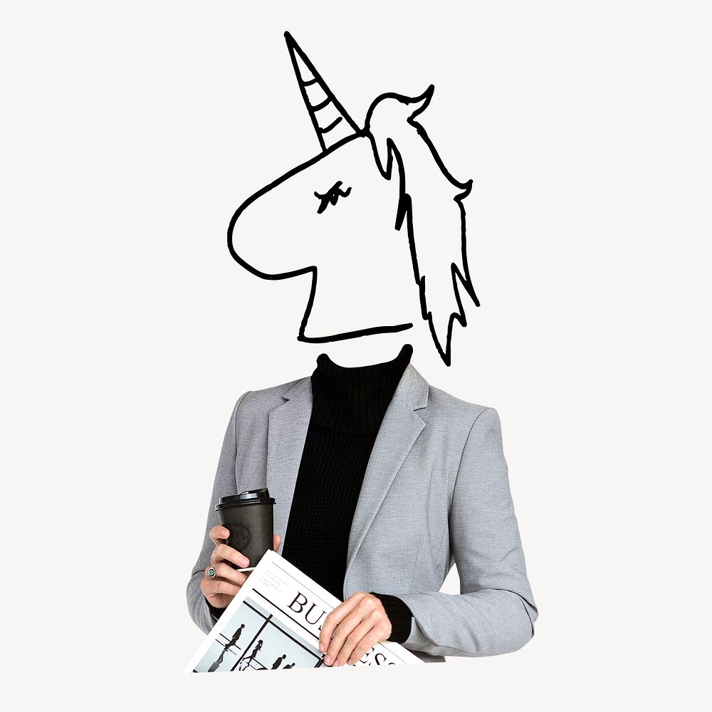 Unicorn head businesswoman, startup business remixed media psd