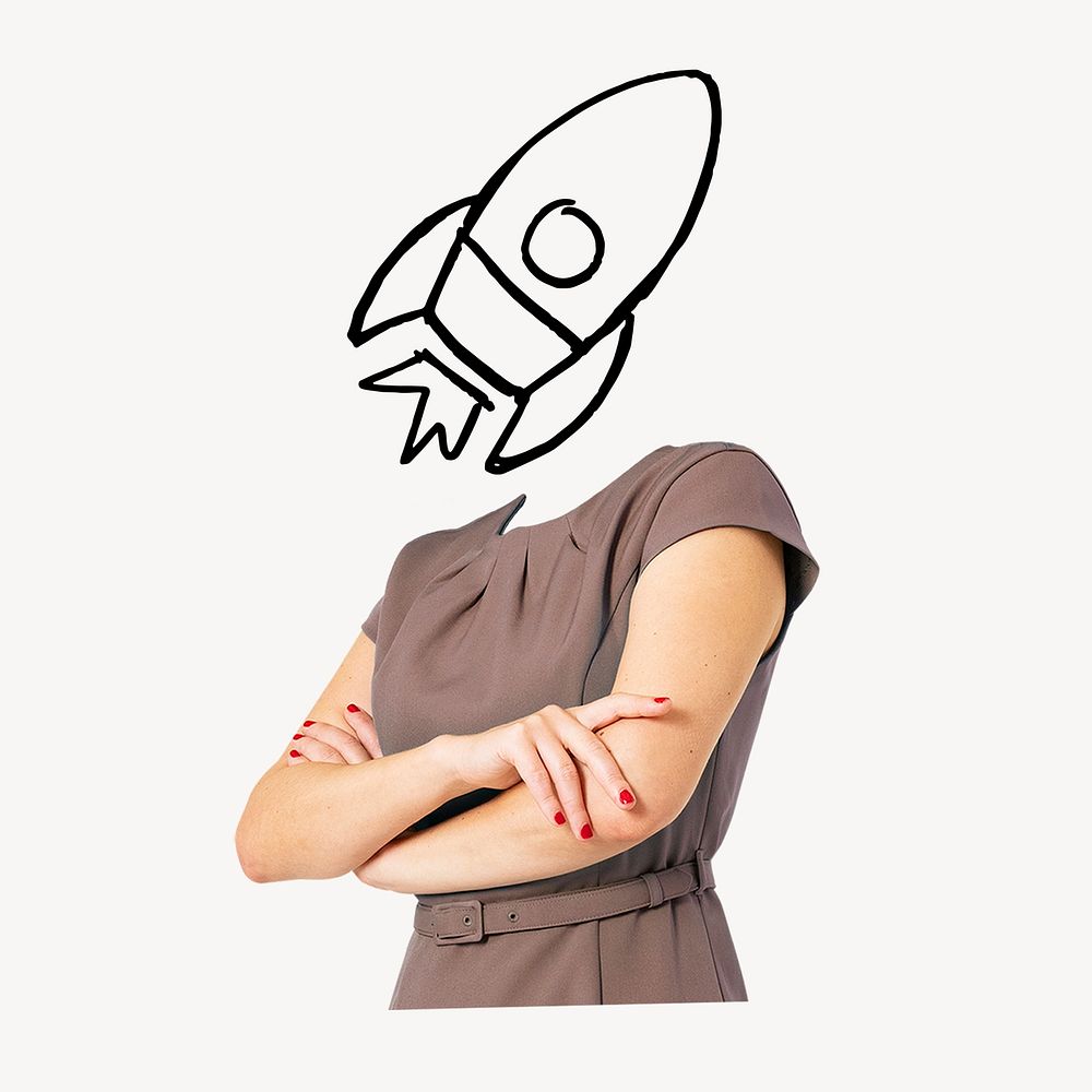 Rocket head businesswoman, startup, business launch remixed media psd