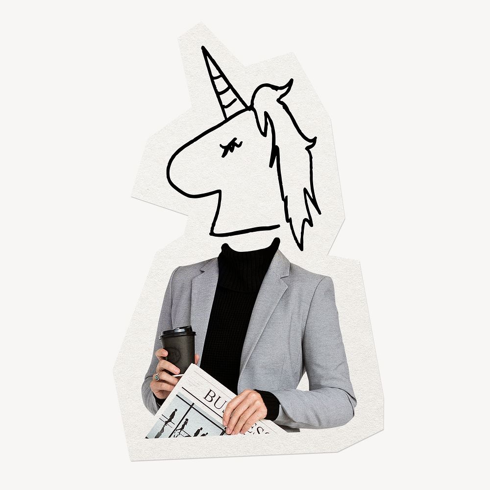 Unicorn head businesswoman, startup business remixed media