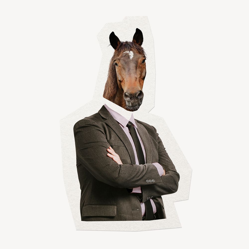 Businessman horse head, animal, surreal remixed media