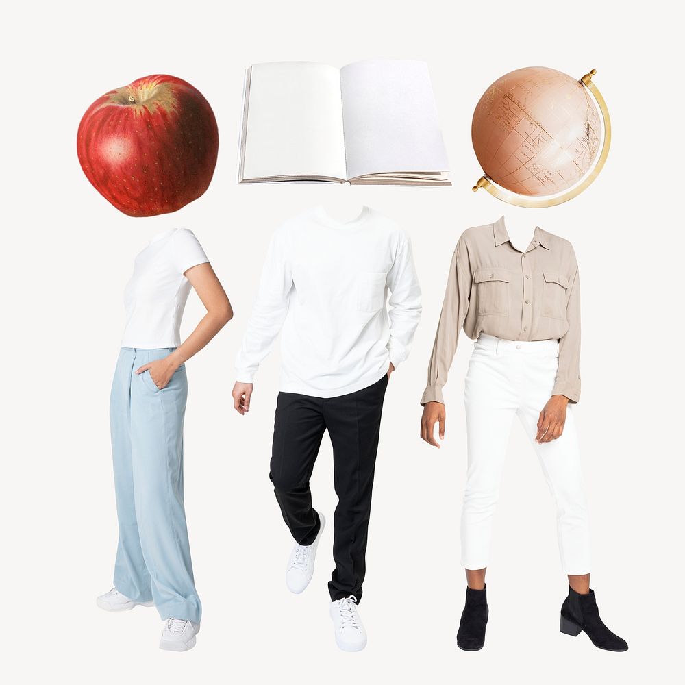 Surreal education students, apple, book, globe head psd