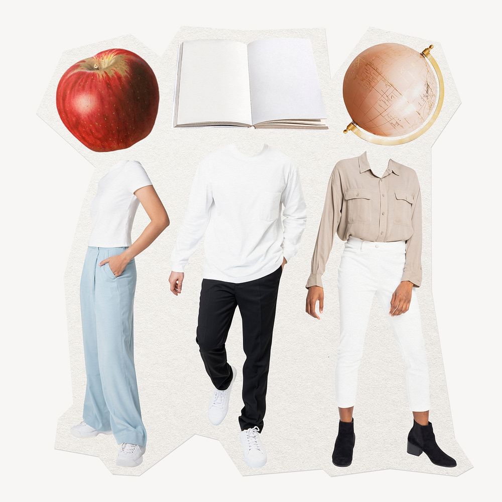 Surreal education students, apple, book, globe head 