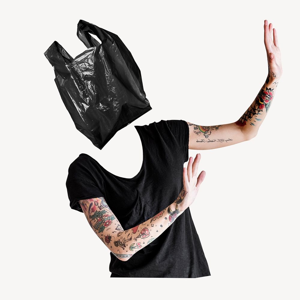 Plastic bag head woman, environment remixed media