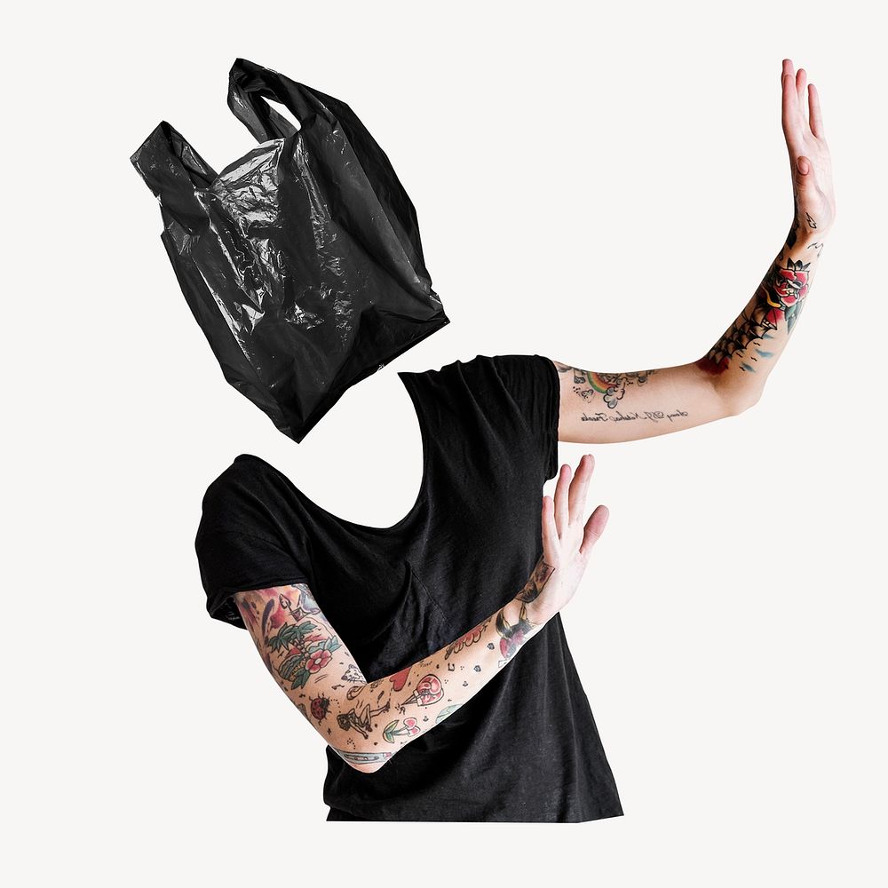 Plastic bag head woman, environment remixed media psd