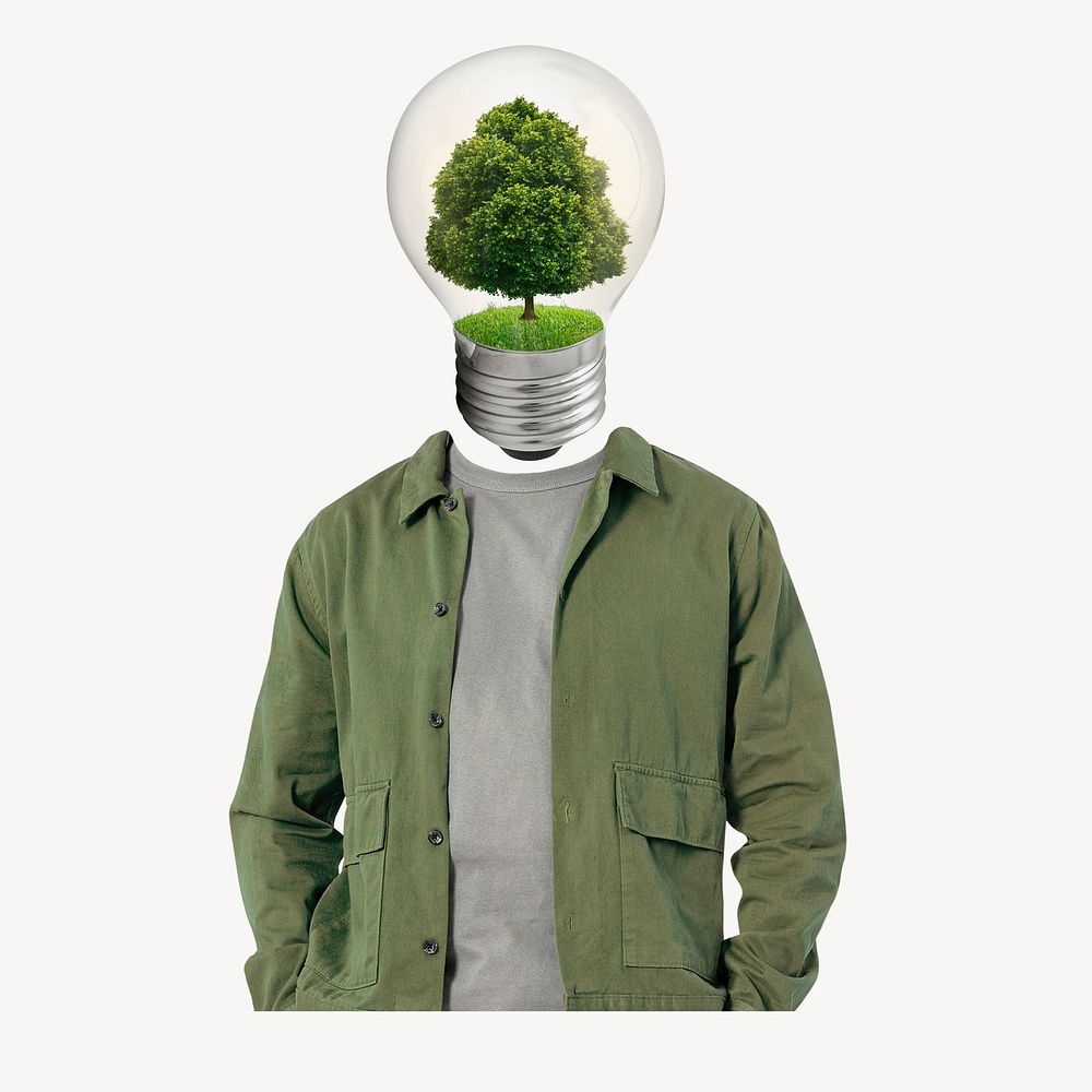 Tree bulb head man, renewable energy, environment remixed media psd