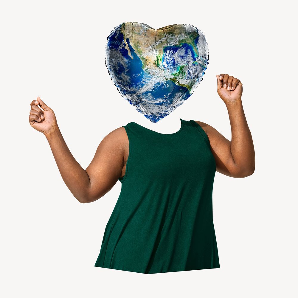 Heart globe head woman, environment remixed media