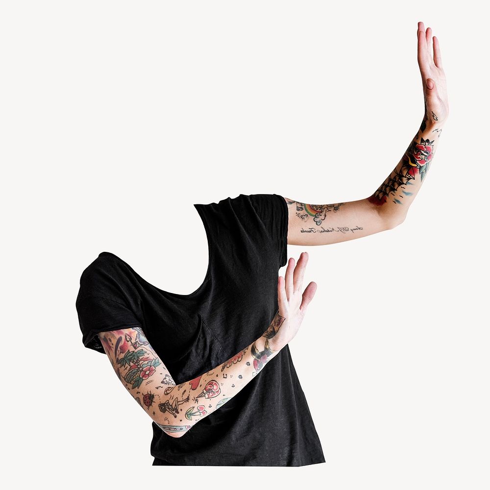 Headless tattooed woman, stop gesture psd