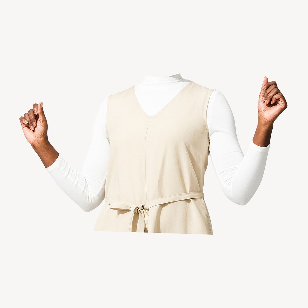 Headless woman wearing beige dress, minimal fashion image
