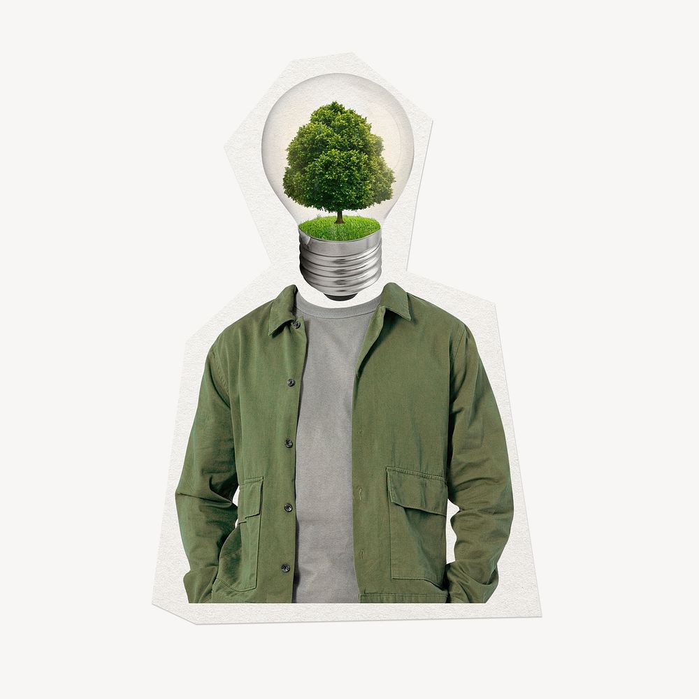 Tree bulb head man, renewable energy, environment remixed media