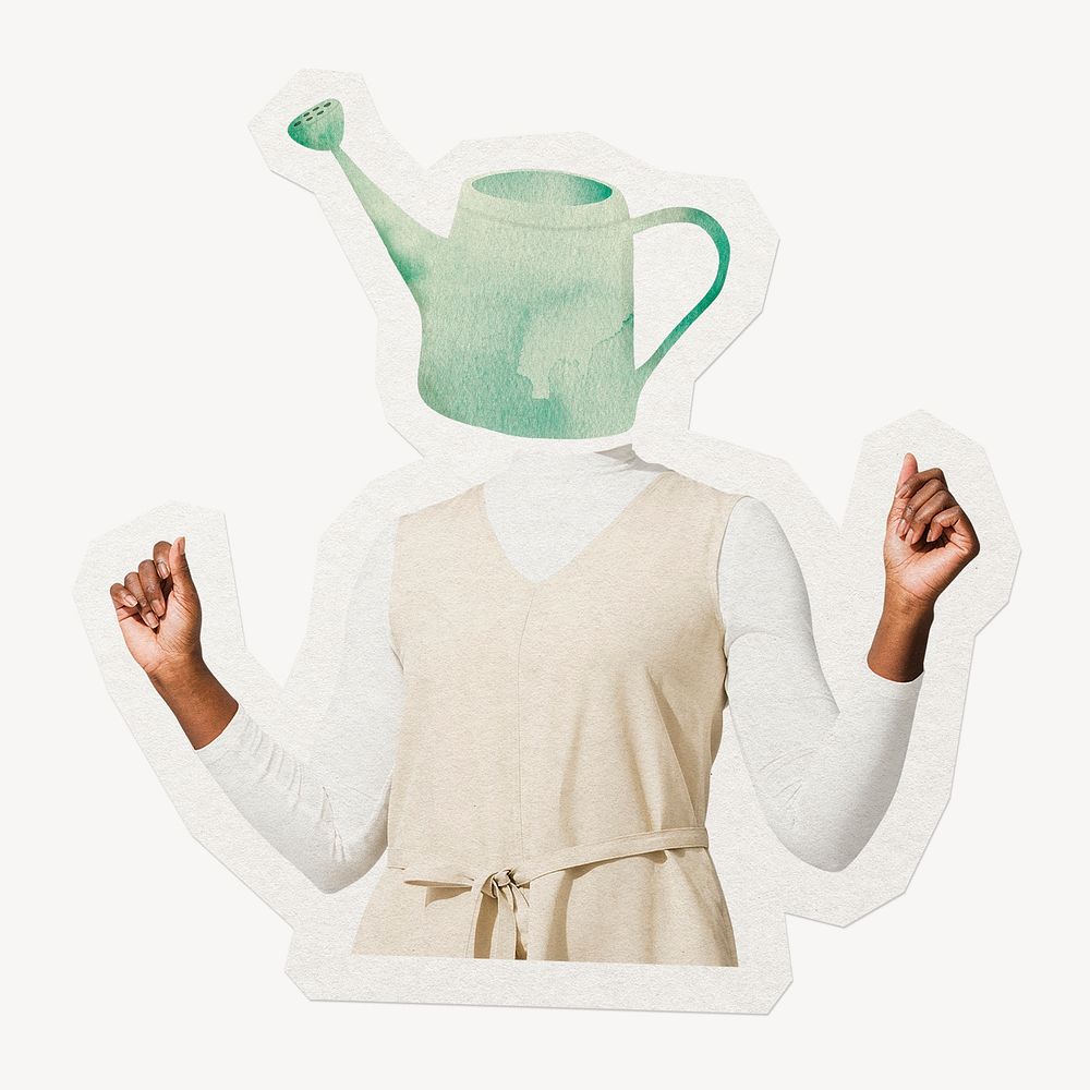 Watering can head woman, environment remixed media